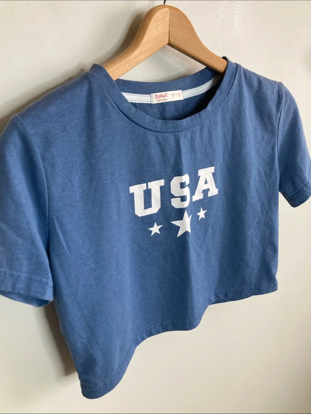 ROMWE Blue Crewneck Cropped Tee with USA on front, Size 6 Medium, Patriotic